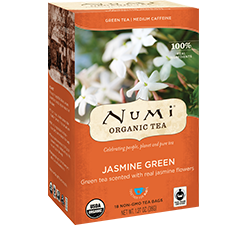 A box of Numi Organic Jasmin Green Tea