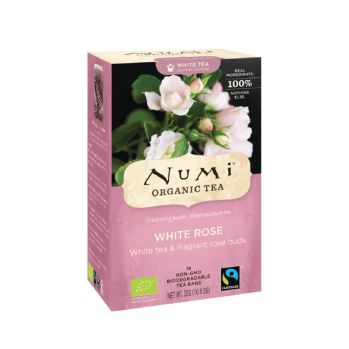 A box of Numi Organic White Rose Tea