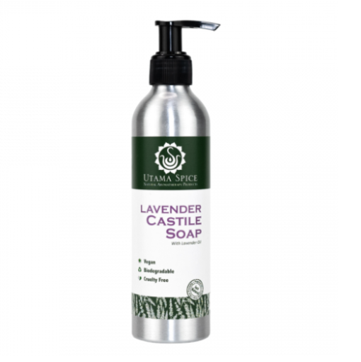 A bottle of Utama Spice Lavender Castile Soap
