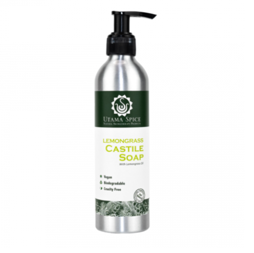 A bottle of Utama Spice Lemongrass Castile Soap