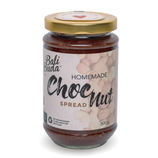 a jar of Bali Buda vegan natural chocolate and nuts spread, front view