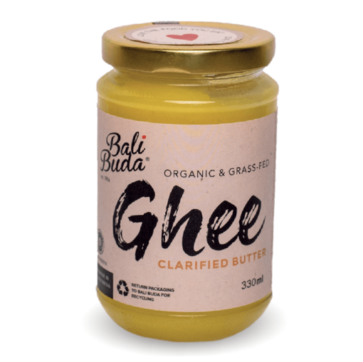 Jar of Bali Buda homemade grass-fed free-range ghee (clarified butter).