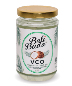 A jar of Bali Buda Cold-pressed virgin coconut oil, produced in Sulawesi, Indonesia