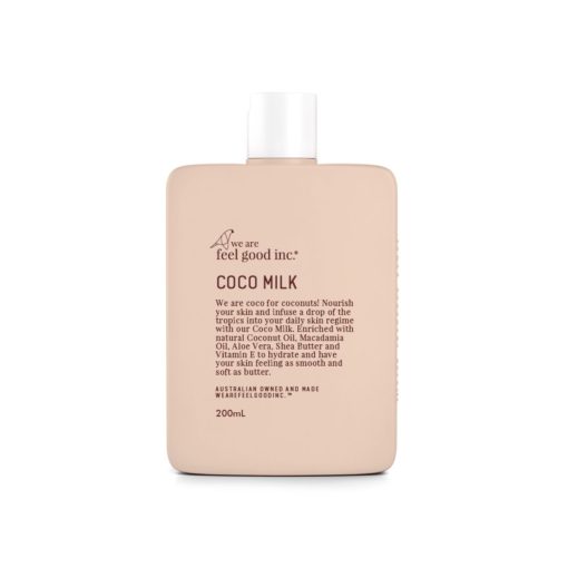 A bottle of We Are Feel Good coco milk moisturizer