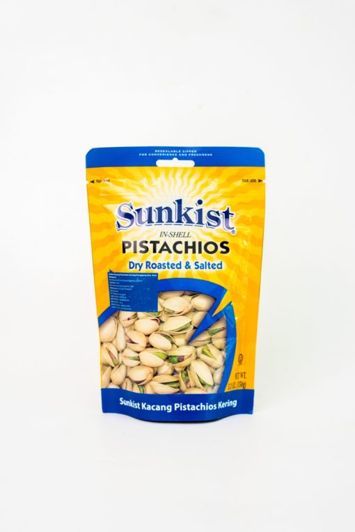 A bag of Sunkist dry-roasted and salted pistachios