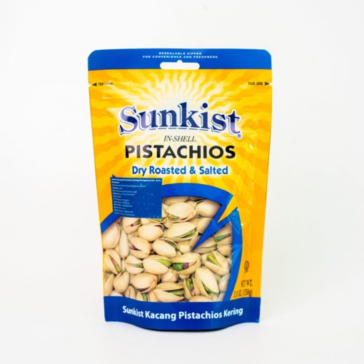 A bag of Sunkist dry-roasted and salted pistachios