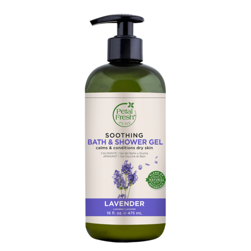 A bottle of Petal Fresh Pure Lavender Soothing Bath & Shower Gel 475ml