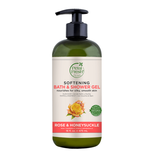 A bottle of Petal Fresh Pure Rose & Honeysuckle Soothing Bath & Shower Gel 475ml