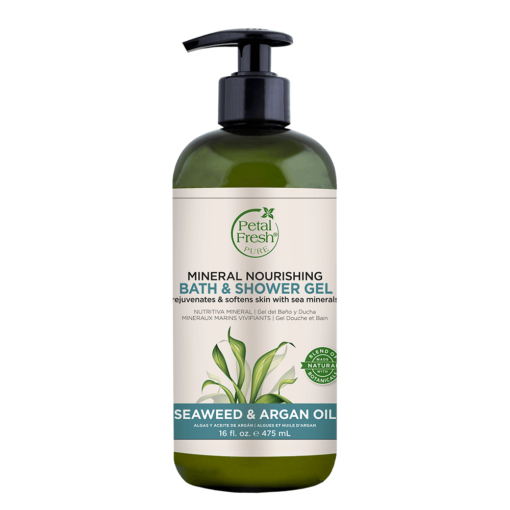 A bottle of Petal Fresh Pure Seaweed and Argan Oil Bath and Shower Gel 475ml
