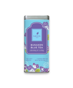 A tin can of Savis Bunaken Blue Tea silken bags