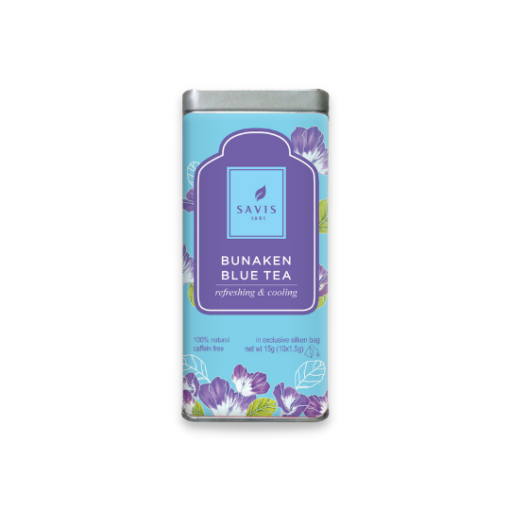 A tin can of Savis Bunaken Blue Tea silken bags