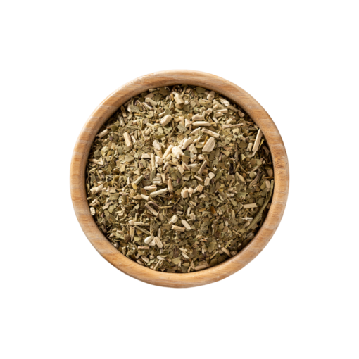 Herbal tea Yerba Mate loose leaves in a wooden bowl.