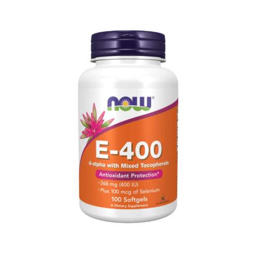 A bottle of Now Vitamin E 400 IU