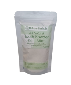 A pack of Balieve Herbals cool mint tooth powder