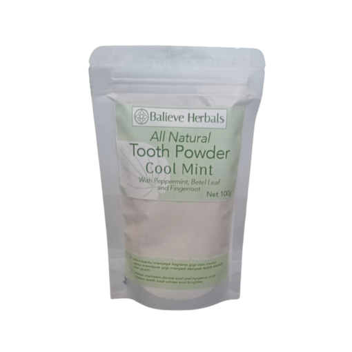 A pack of Balieve Herbals cool mint tooth powder