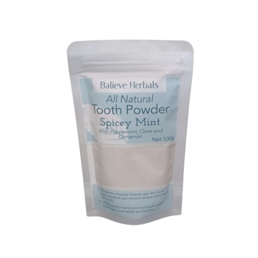 A pack of Balieve Herbals spicey mint tooth powder