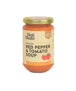 A jar of Bali Buda homemade red pepper and tomato soup