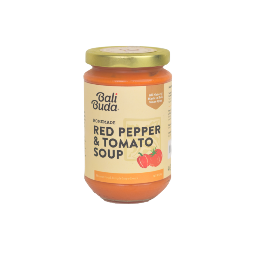 A jar of Bali Buda homemade red pepper and tomato soup