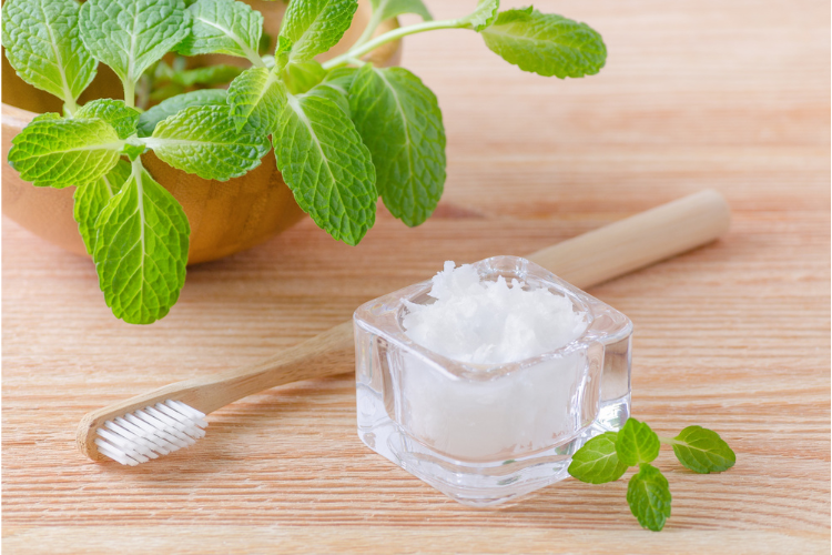 A pot of Bali Buda cold-pressed virgin coconut oil and a toothbrush for oral care (and fresh peppermint leaves in the background)