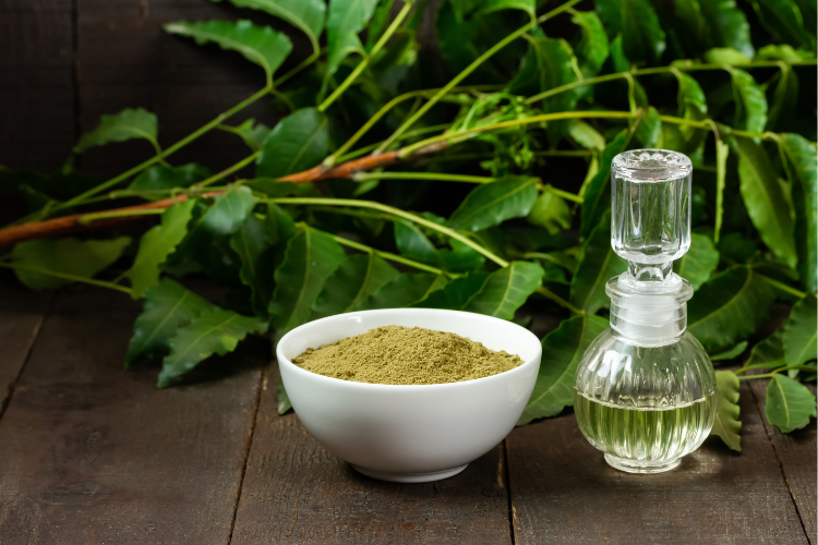 Neem leaves, neem powder and a bottle of neem oil