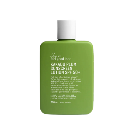 A bottle of paraben-free body moisturizer We Are Feel Good Inc. Kakadu Plum Sunscreen Lotion SPF 50+