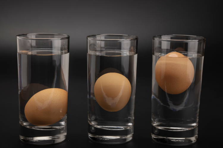 3 glasses of water each containing an egg, floating at different levels.
