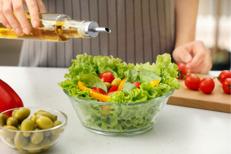 A homemade olive oil salad dressing, free from seed oils